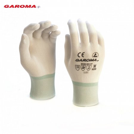 ESD bílé, nylonové rukavice - Povrstvení rukavice: PU prsty a dlaň, Velikost rukavic: M