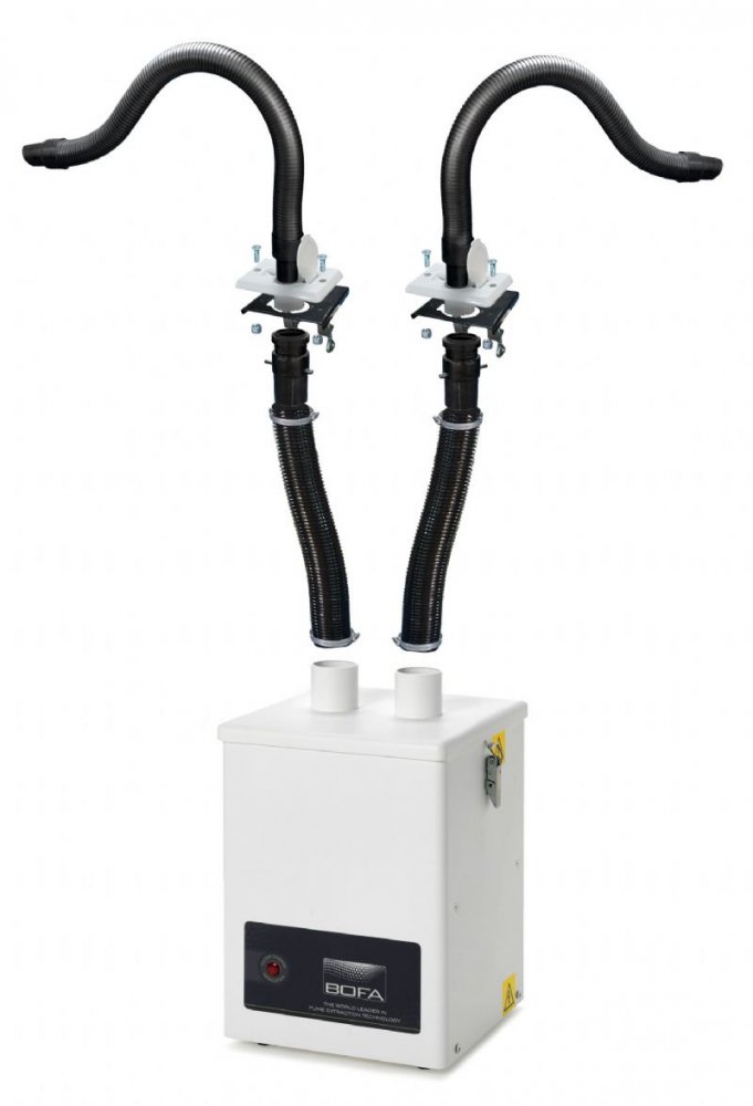 BOFA Systém V250 Odsávací jednotka<br>2x Pružná hadice průměru 50mm a délce 1,5 m<br>  2x odsávací rameno o délce 65 cm<br> 2x konzola pro uchycení odsávacího ramene<br> Kombi filtr a první filtr